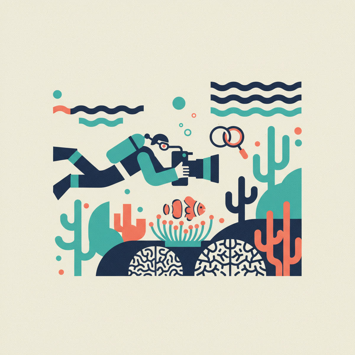 A flat modern illustration depicting a diver holding an underwater camera with a large macro port, focusing on a small, vibrant nudibranch on coral. Light rays filter from the surface, highlighting the scene. The illustration is clean and uses a limited color palette.