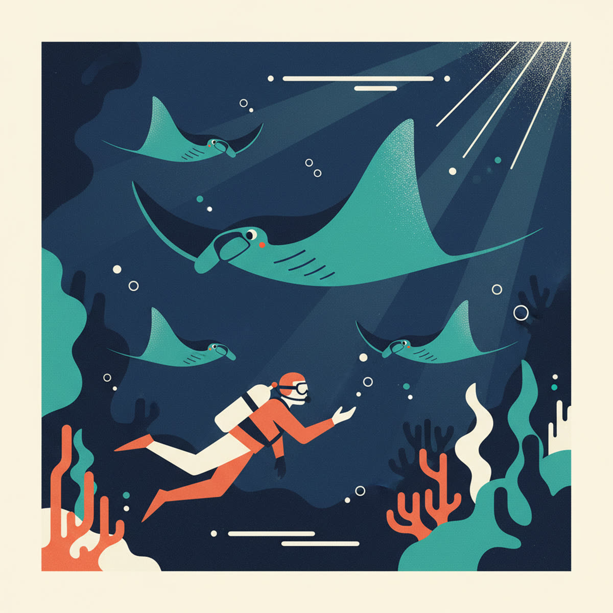 A flat, modern illustration depicting a diver observing a large manta ray from a respectful distance, with light rays filtering through clear blue water.
