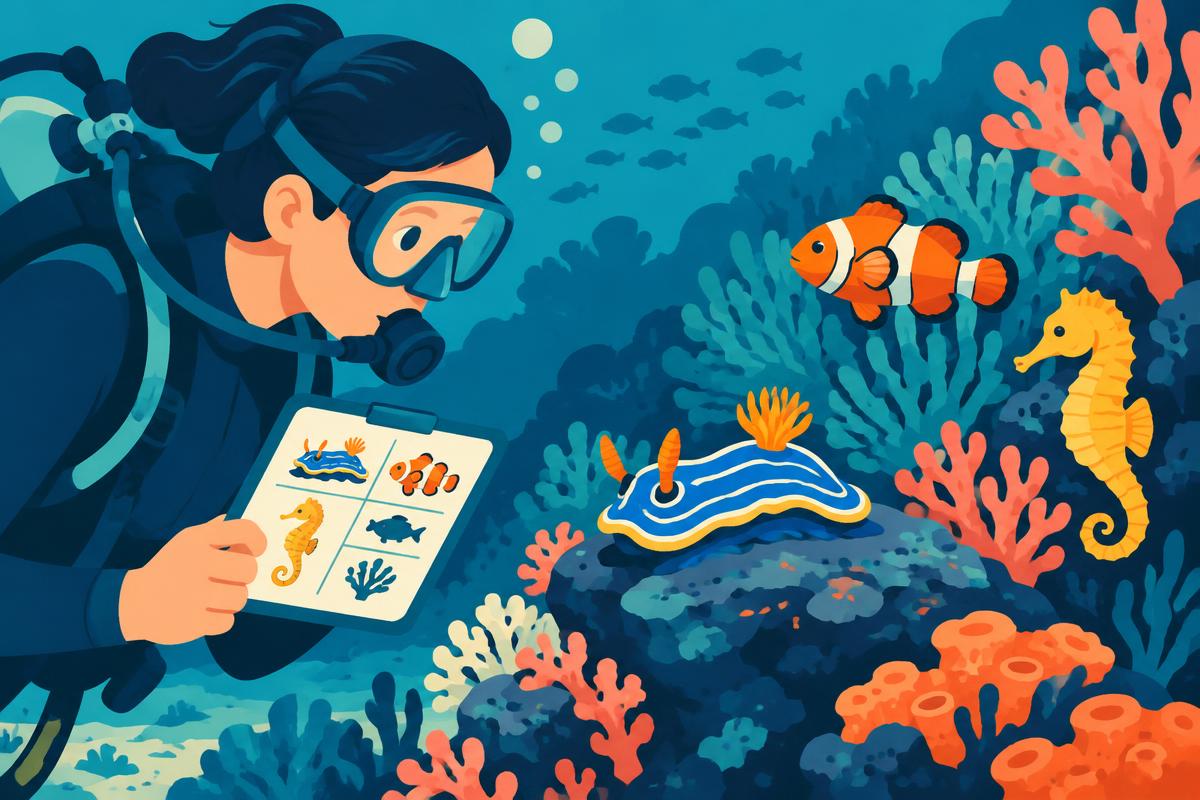 A diver observing a colorful reef fish while holding an identification slate