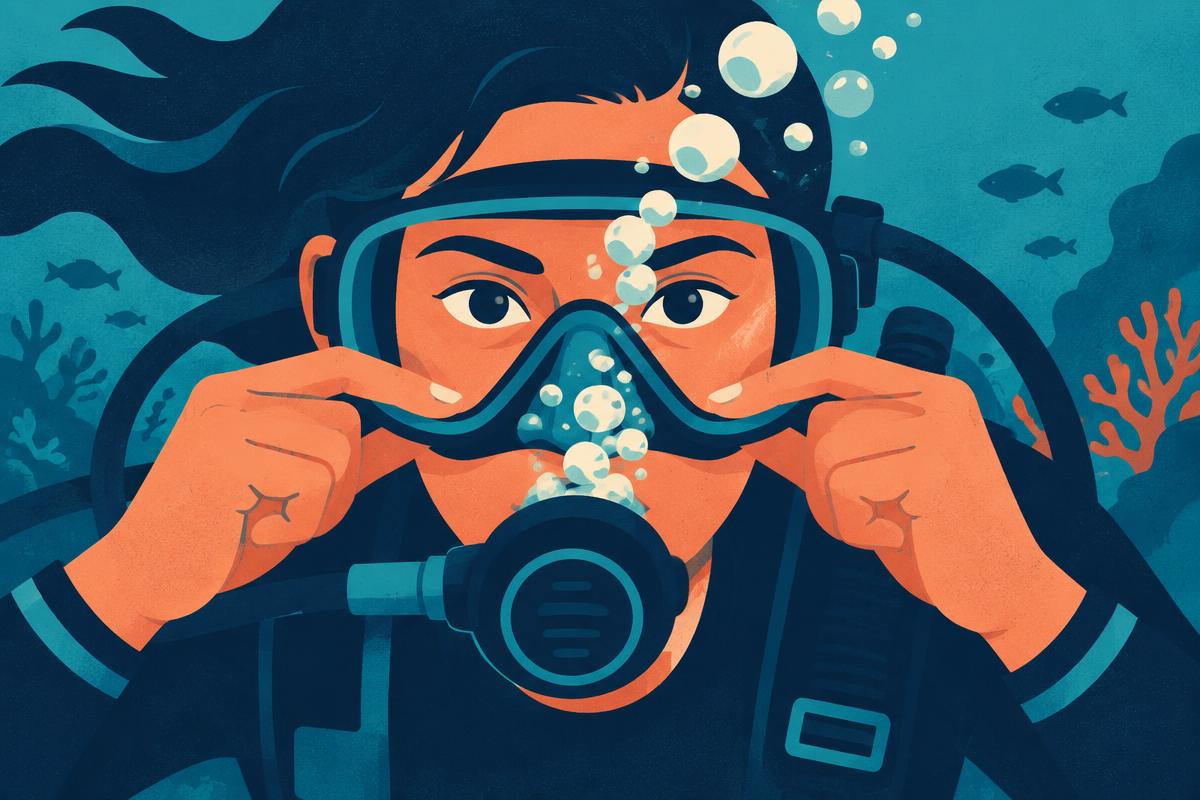 Diver adjusting a scuba mask strap before entering the water