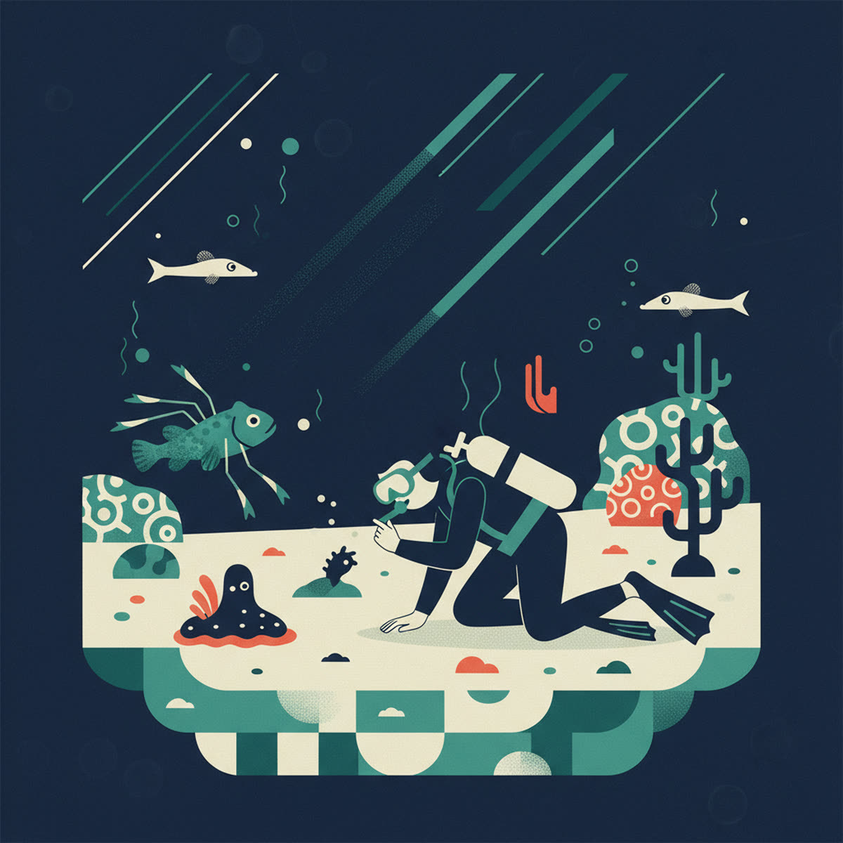 Flat modern illustration of a diver hovering above a sandy, silty seabed, observing a small, camouflaged nudibranch with a magnifying glass.