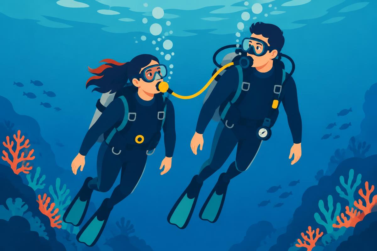 A flat illustration of two divers practicing gas sharing