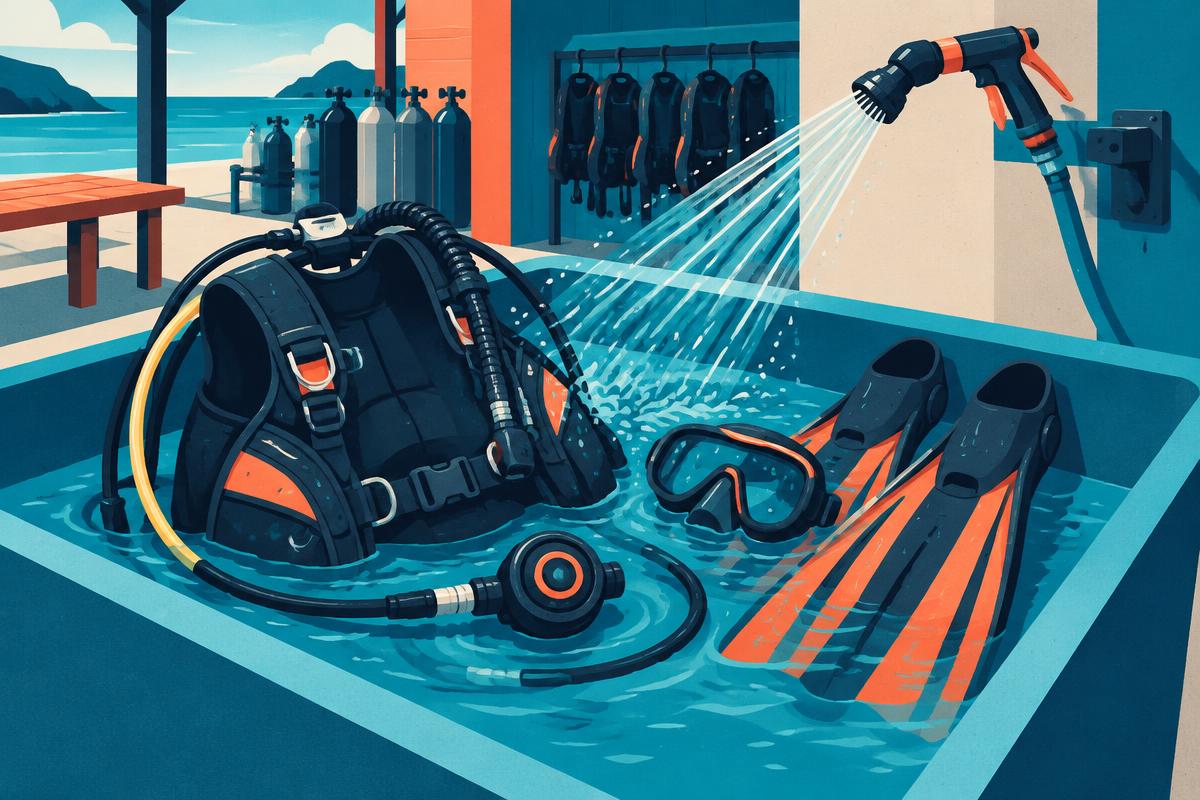 Scuba gear hanging to rinse and dry after a dive