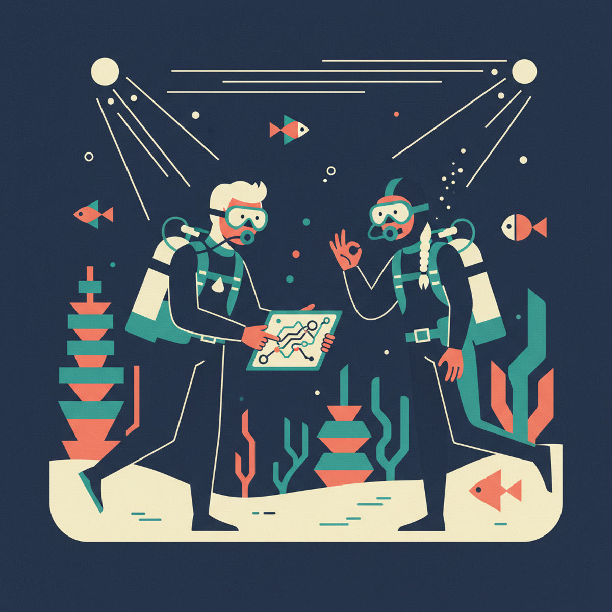 Flat modern illustration showing two divers in full gear, one pointing at a dive plan on a slate while the other nods in understanding, with a dive boat in the background.