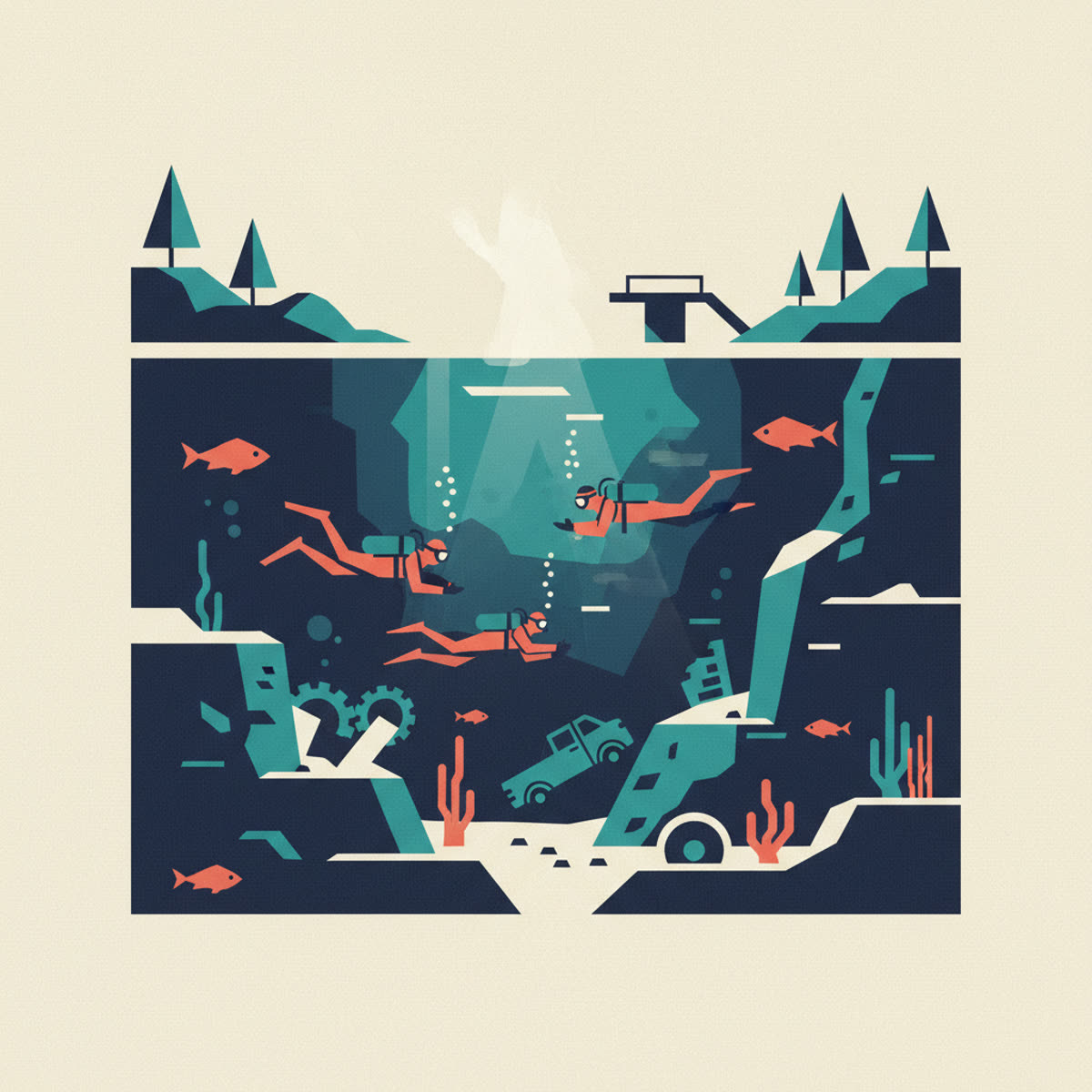 A modern, flat illustration showing a diver in a quarry, with rocky walls, clear blue water, and safety markers on the surface.