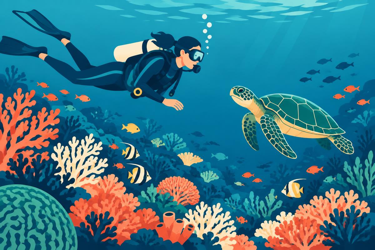 Flat illustration of a diver hovering above a healthy coral reef without touching it