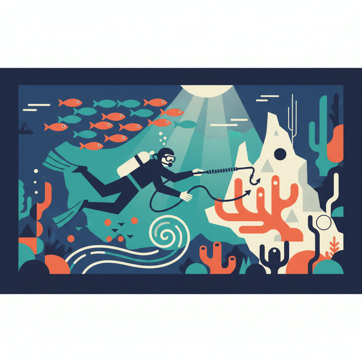 A flat, modern illustration showing a diver in calm blue water, holding a reef hook that is gently placed on a bare rock surface, with colorful coral and fish in the background, subtly indicating no direct contact with living organisms.