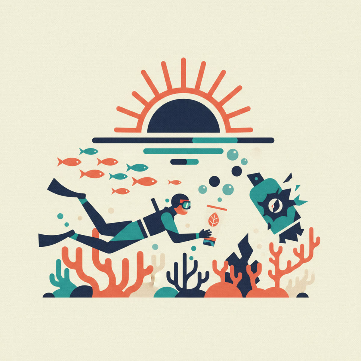 Flat, modern illustration showing a diver in the sun, with a bottle of sunscreen and a coral reef in the background.