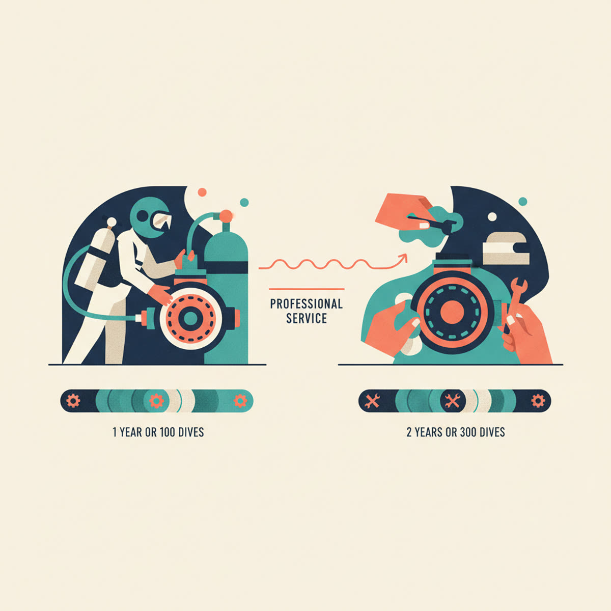 A clean, modern illustration of a scuba regulator's first and second stages, with a wrench icon subtly indicating maintenance, set against a calming blue background.