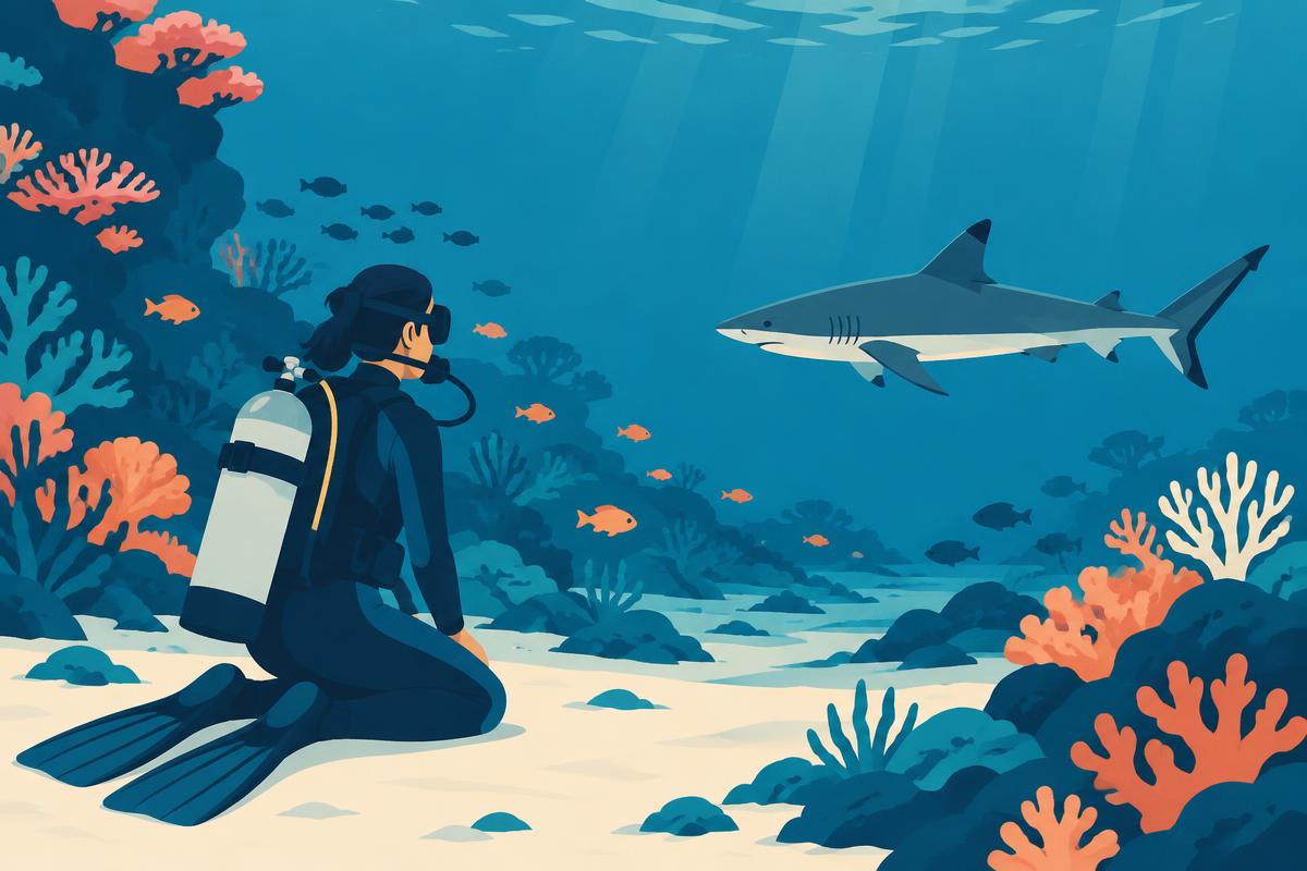 A diver maintaining a calm, horizontal position while a reef shark swims nearby