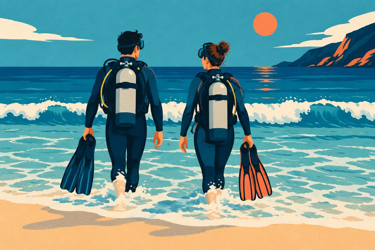 Divers timing a shore entry as small waves break on a beach