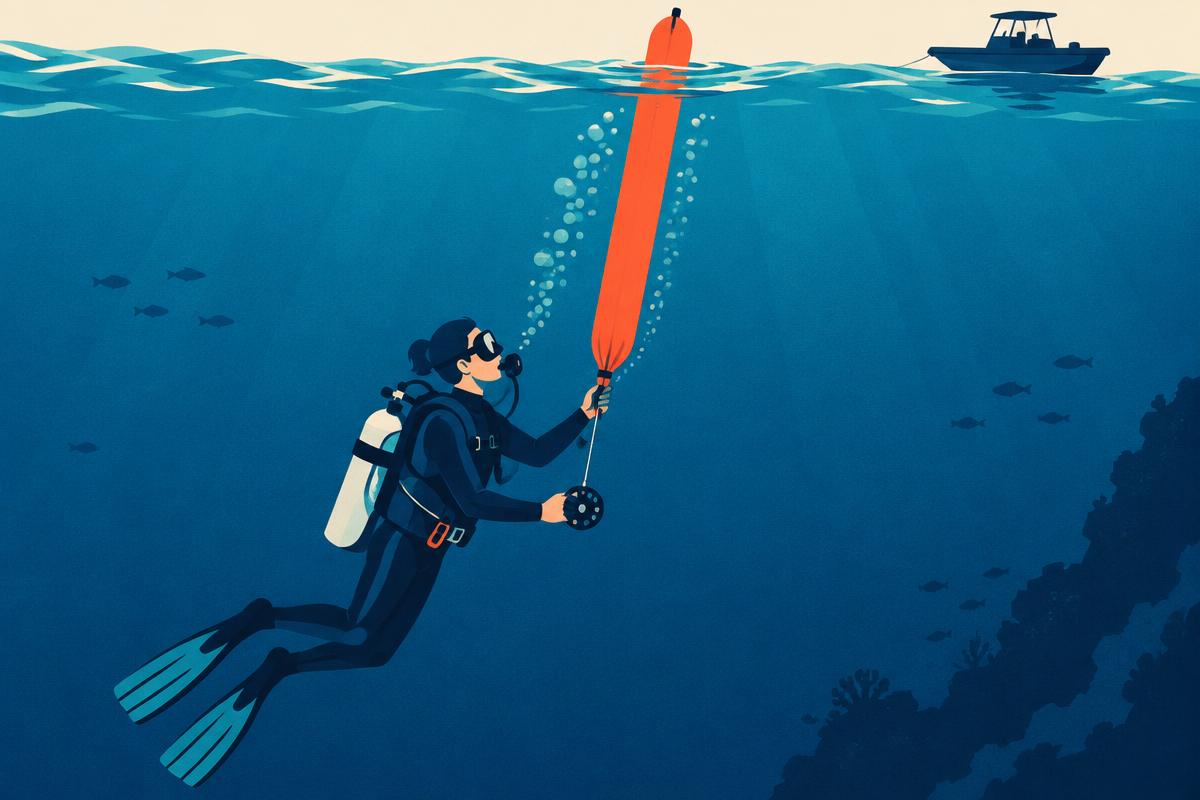 Diver preparing a surface marker buoy and reel before ascent