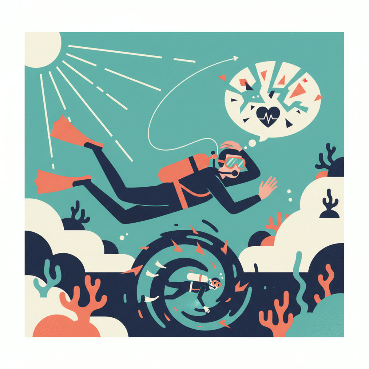 Flat modern illustration of a diver in a stressful situation, bubbles erratically escaping their regulator, eyes wide, with another diver nearby observing calmly.