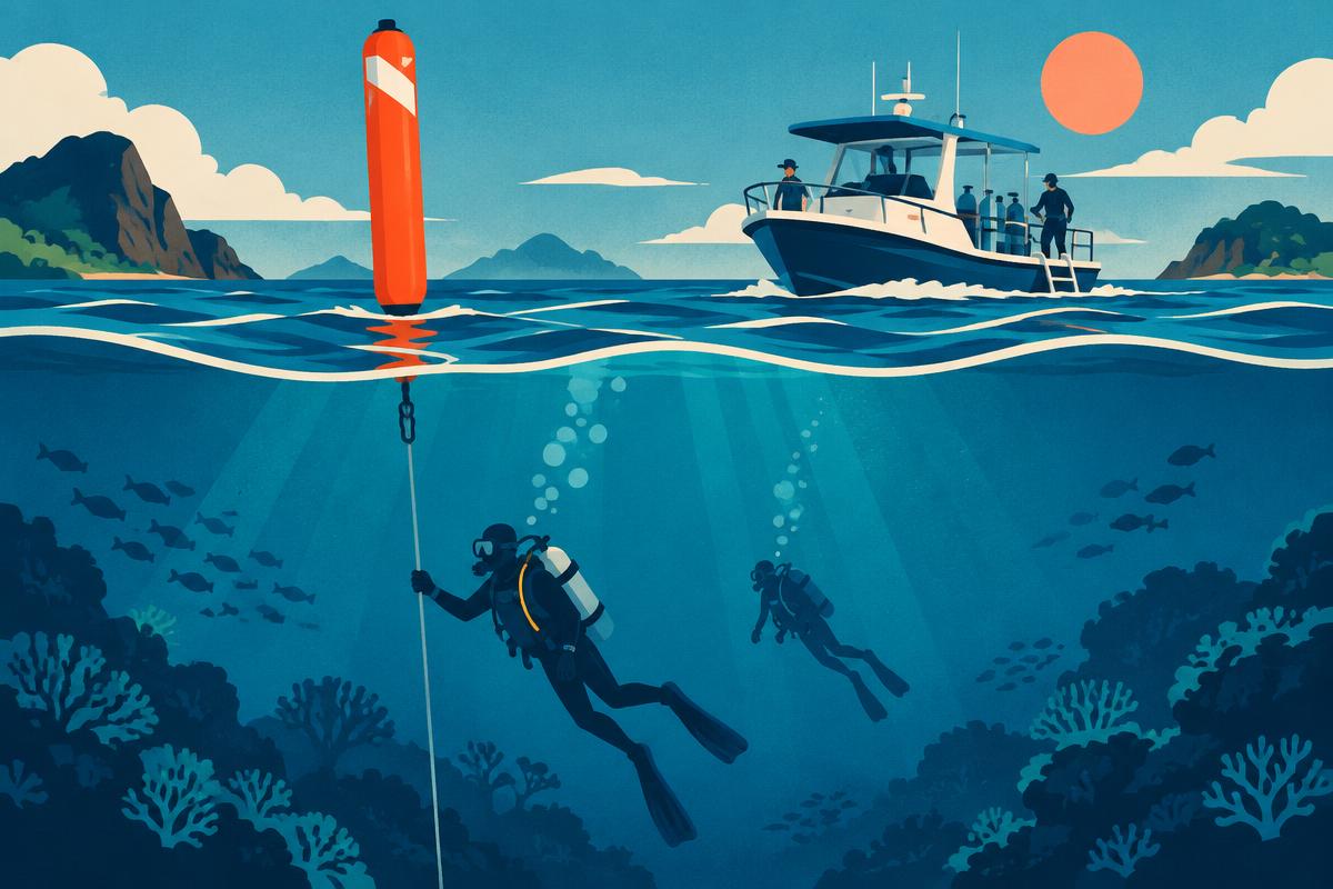 Illustration of a diver holding an orange marker buoy at the surface by a boat