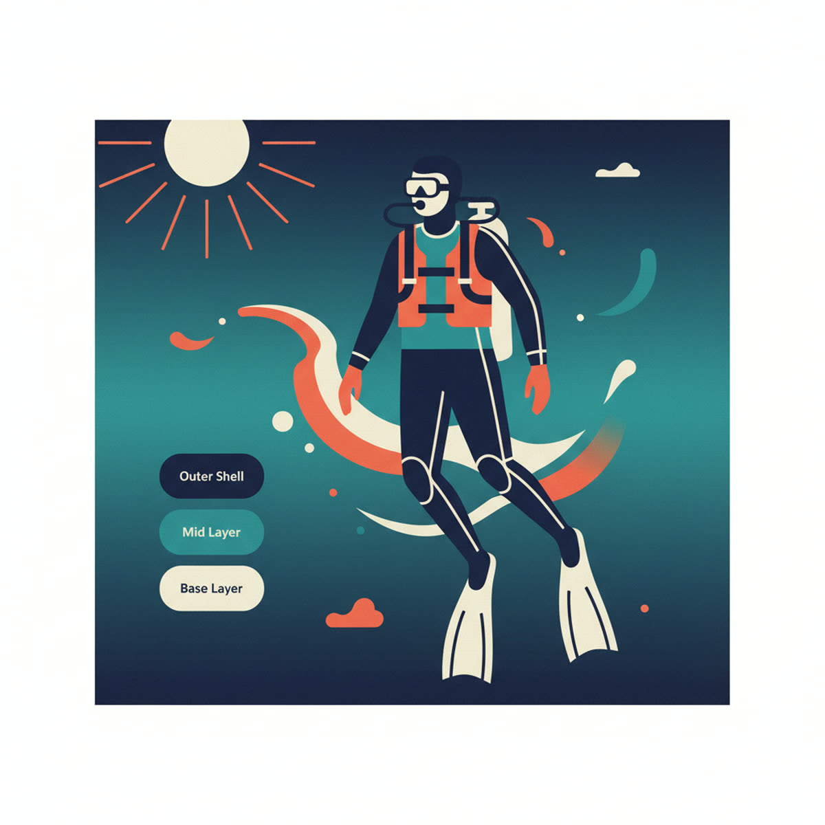Flat illustration showing a diver in various layers of thermal protection (rash guard, wetsuit, drysuit undergarment, drysuit) next to a thermometer indicating cold water and warm water.