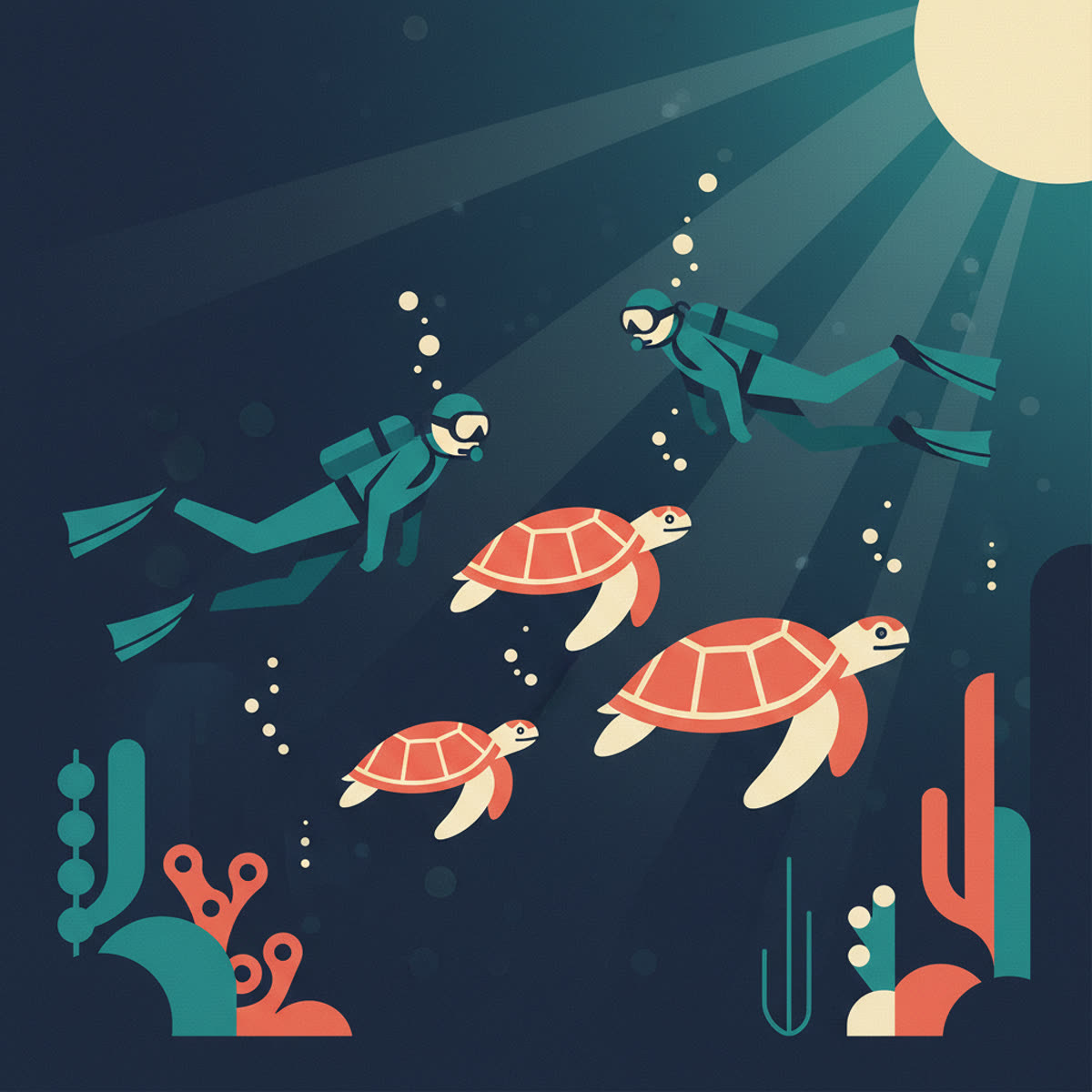 A flat, modern illustration of a scuba diver observing a sea turtle gracefully swimming through a coral reef with sun rays filtering from above.