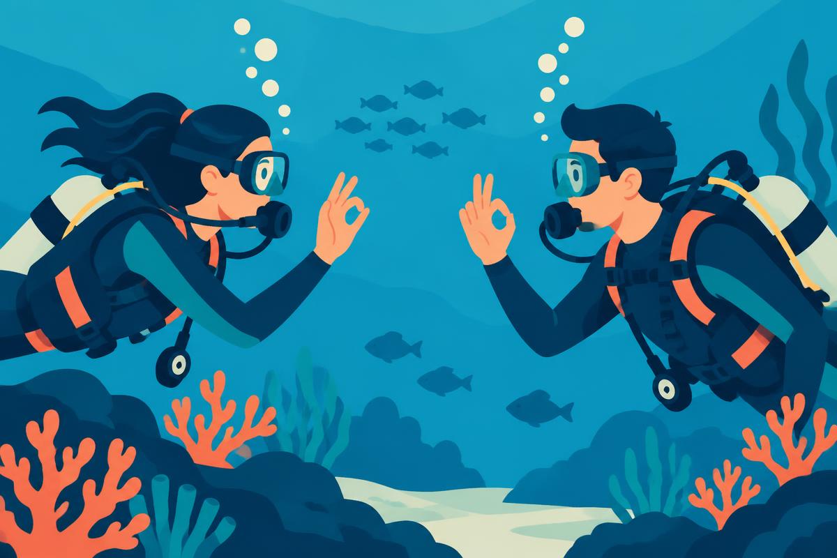 Flat illustration of two divers communicating with hand signals near the surface