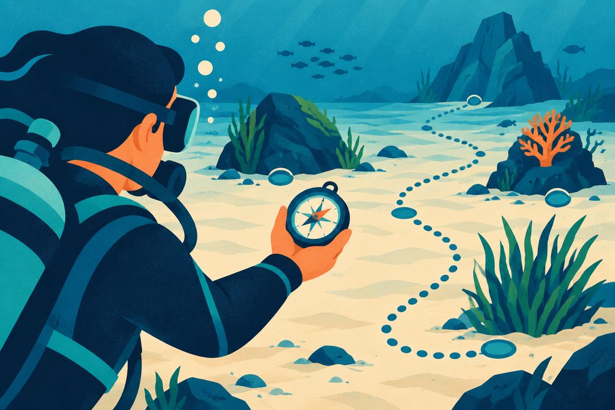 Diver checking a compass while swimming over a reef