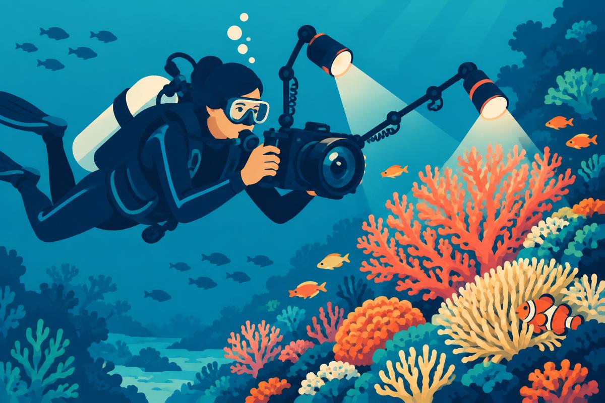 A diver holding a camera system with two external strobes extended on arms