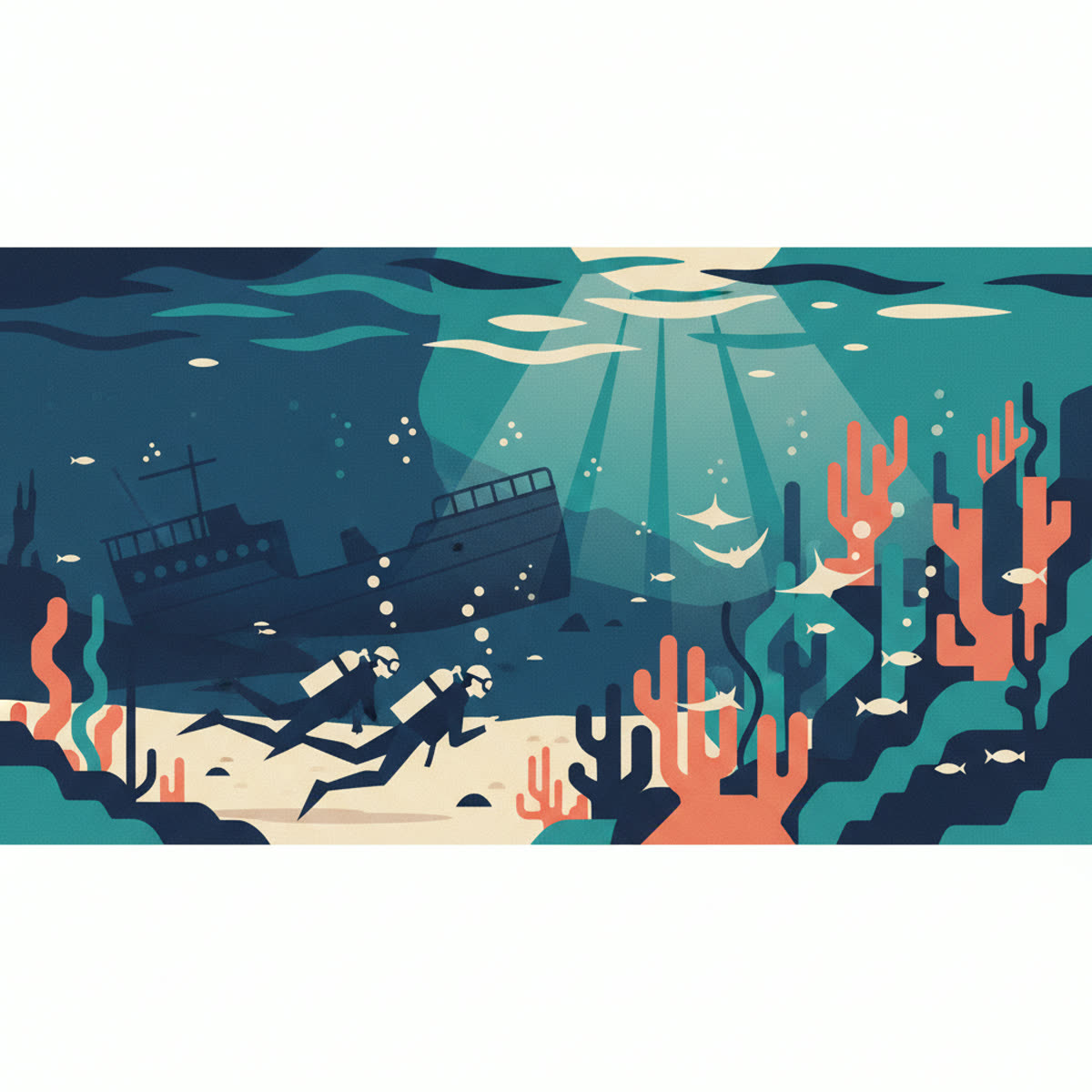 An illustration showing a diver with a wide-angle camera, framing a vibrant coral reef with a school of fish and a sunburst from the surface.