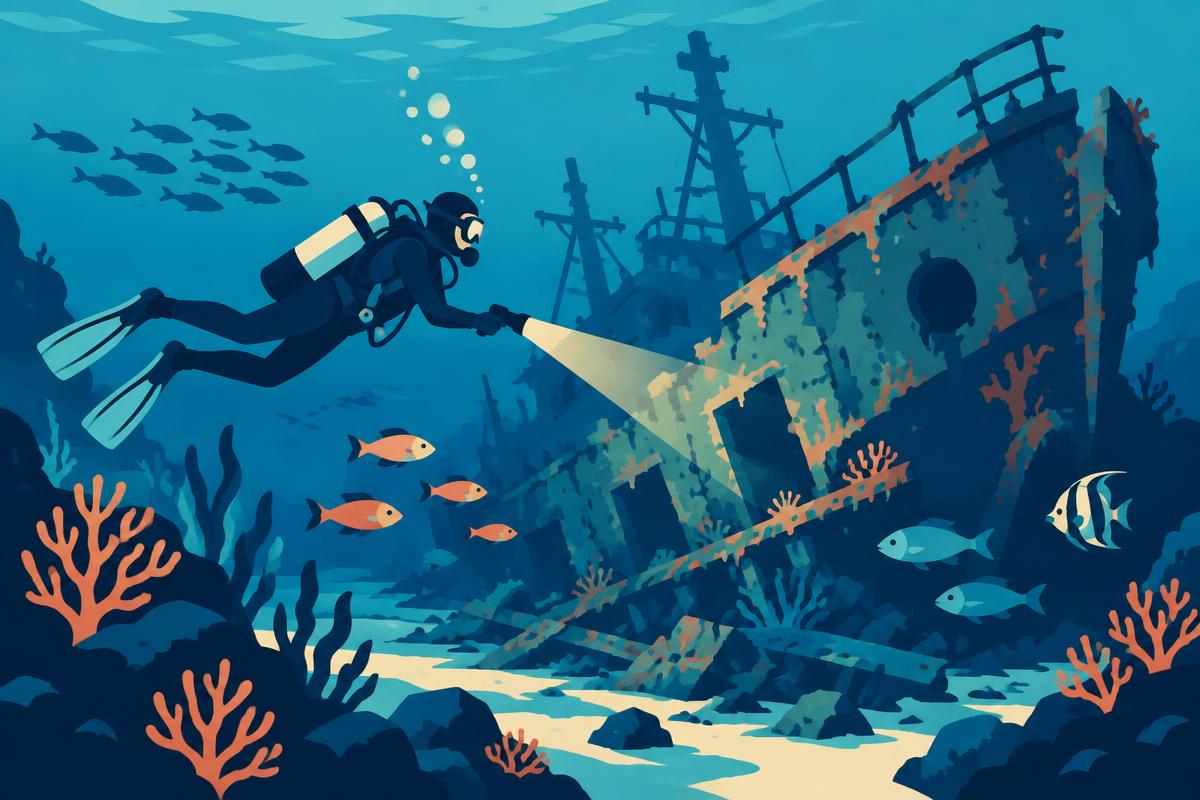 Flat illustration of a diver swimming alongside a coral-encrusted shipwreck